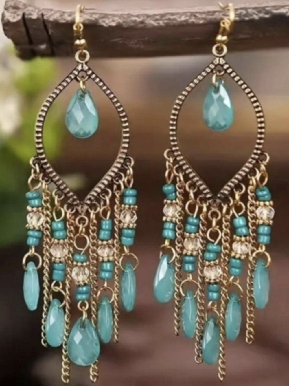 Chloe Turquoise Teardrop Fringe Earrings with Gold Chains
